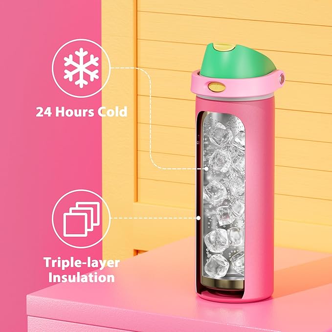 24 oz Insulated Water Bottle for Women: Meoky Stainless Steel Water Bottle with 2-in-1 Straw and Spout Lid - Leak Proof, Cold for 24 Hours, Fits in Car Cup Holder, BPA-Free for Sports Travel, Ruby