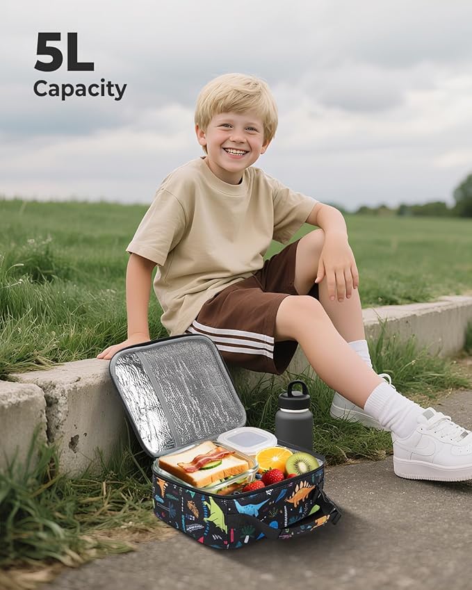 Tuwubi Kids Lunch Bag Insulated Lunch Box for Kids Small Lunch Bag for Boys/Girls Durable Lunchbox for School,Black Dinosaur 10-Can(5L)