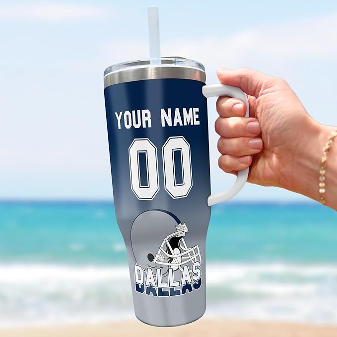 Custom Insulated 40oz Football Travel Cup with Handle & Straw, Stainless Steel Personalized Tumbler, Name & Number Mug, Sports Fan Gift for Men Women (Dallas)
