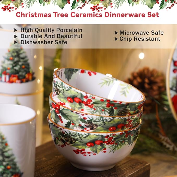 16 Pcs Snowman Christmas Dishes Dinnerware Set of 4 Guest Holiday Dinner Plates Ceramic Vintage Christmas Salad Plates Holly Ivy Bowl Mug Serving Dishes Gift for Xmas Village Tree Kitchen Decoration