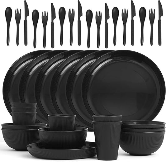 36 pcs Wheat Straw Dinnerware Sets, Unbreakable Reusable Dinnerware Set Kitchen Cups Plates and Bowls Sets, Dishwasher Microwave Safe Plates,Outdoor Camping Dishes (Black)