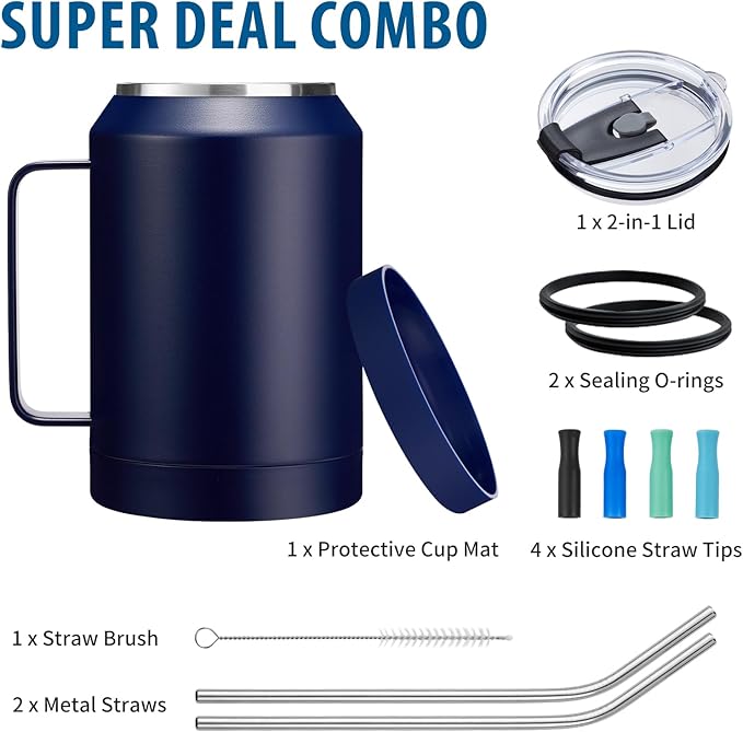 32 oz Mug Tumbler with Handle and Straw - Large Stainless Steel Coffee Cup with 2-in-1 Lid, Insulated Water Bottle Flask Jug, Metal Thermal Cup Keep Cold 36 hrs, Leakproof Proof BPA-Free