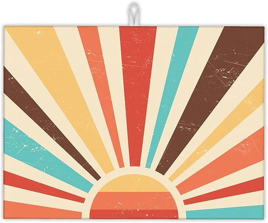 Boho Sun Dish Drying Mats 18x24 Inch,Vintage Sunset Sunrise Dish Pad Drying Rack Mat for Kitchen Counter Ultra Absorbent Microfiber Dishware Coffee Maker Bar Countertop Decor