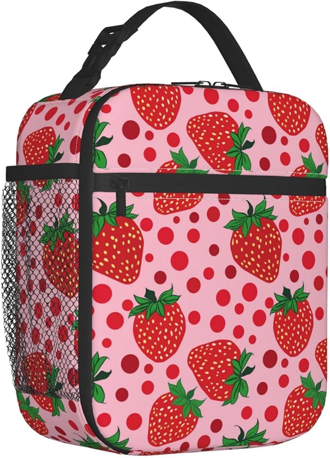 Strawberry Lunch Box for Adults Women Girls Boys Kids Pink Lunch Box Insulated Cooler Reusable Lunch Bag Container Gifts for Work Office Picnic Travel School