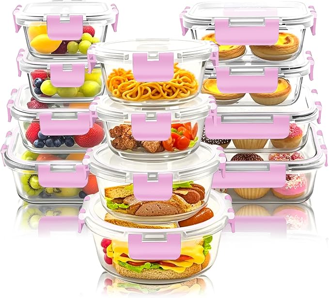 12 Pack Glass Meal Prep Food Storage Containers with Lids Airtight Stackable, Microwave, Oven, Freezer and Dishwasher Safe(Pink)