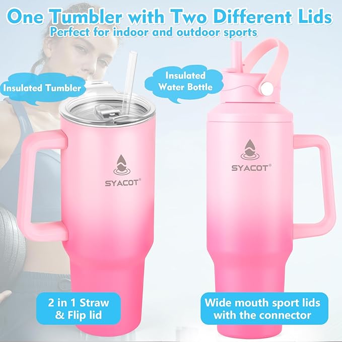 40 oz Tumbler with Handle and Straw or Convert to 40 oz Insulated Water Bottle Fits in Cup Holder. Stainless Steel Metal Water Flask with 2 Lids for Travel,Camping,Gym Sports Coffee Mug Thermal Cup