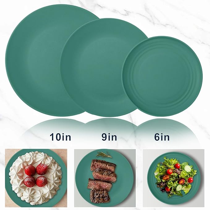 Wrova 40Pack plates and bowls sets for kids - Unbreakable wheat straw dinnerware sets service for 8 - Alternative plastic 40pcs dish sets for kitchen, camping and indoors dinning - (Green)