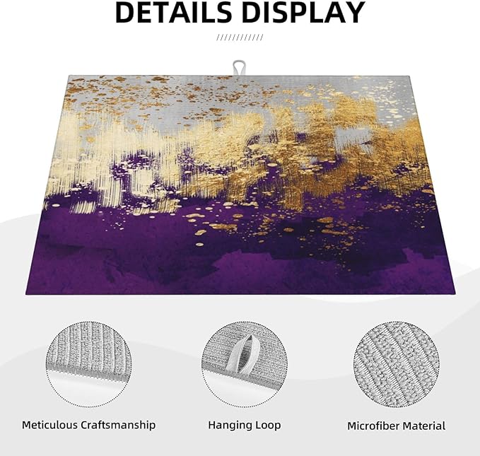 Purple Gold Abstract Art Dish Drying Mat for Kitchen Counter, 18" x 24" Absorbent Microfiber Drying Pad for Dishes, Decorative Kitchen Mat for Sink Area & Coffee Bar, Foldable Reversible Purple Decor