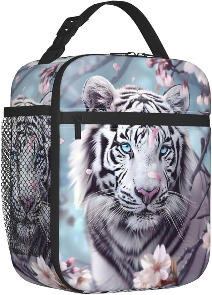 Reusable White Tiger Lunch Box for Kids, Insulated Cherry Blossom Bag,Polyester Cooler Animal Lovers Handbags Case for School Picnic Work Travel Beach or Hiking, Gifts