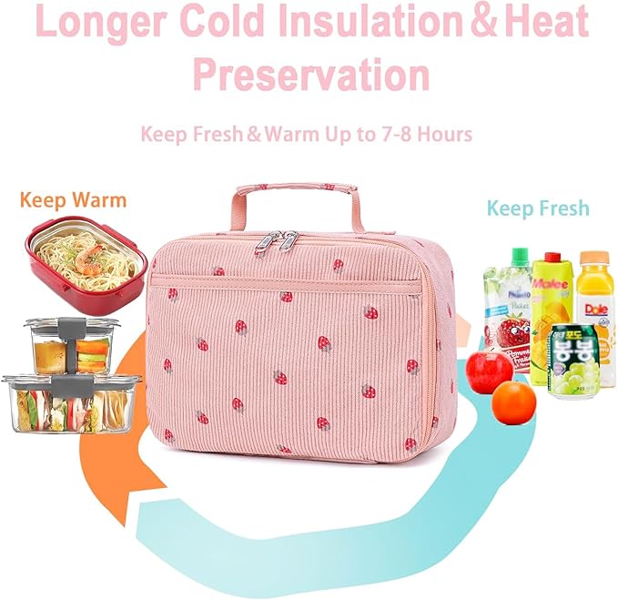 Bluboon Kids Girls Corduroy Pink Strawberry Lunch Box for School