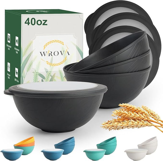 Wrova 40oz wheat straw bowls set of 4,unbreakable ramen bowl set with cover,alternative plastic bowls with cover for kitchen,party,camping and picnic. Black