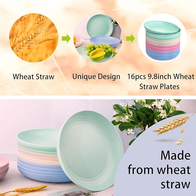supernal 16pcs 10" Wheat Straw Plates,Deep Dinner Plates,Unbreakable Dinner Plates,Plastic Plates Reusable,Lightweight Microwave Dishwasher Safe-Beige,Blue,Pink,Green for Picnic,Birthday,Camping