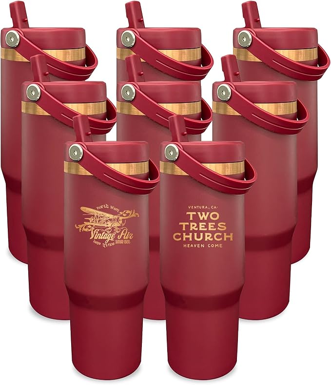 30 oz Tumbler Bulk with Handle and Straw, Vacuum Insulated Tumblers with Flip Straw and Top Handle, Leakproof Powder Coated Tumbler, Stainless Steel Travel Mug for Coffee Water (Red, 8 Pack)