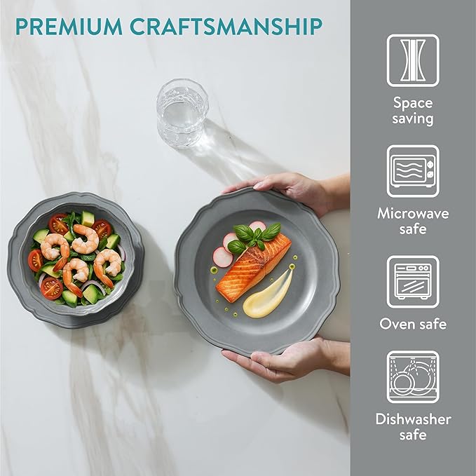 Navaris Scandi Style Porcelain Dinnerware Set - Ceramic Crockery Sets for 4 - Stackable Dishes with Dinner and Salad Plates Cereal Bowls - Dishwasher & Microwave Safe - 12pcs Grey