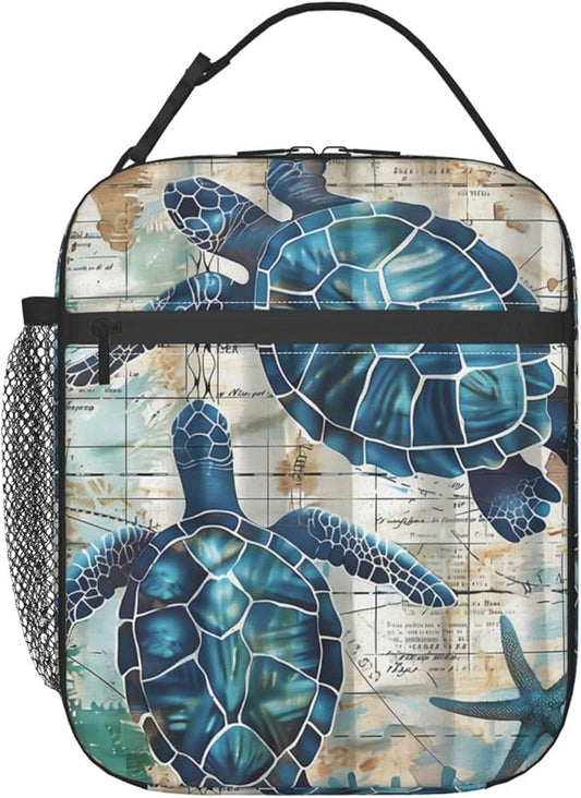 Sea Turtle Lunch Box for Adults Women Girls Boys Kids Vintage Nautical Coastal Lunch Box Insulated Cooler Reusable Lunch Bag Container Gifts for Work Office Picnic Travel School