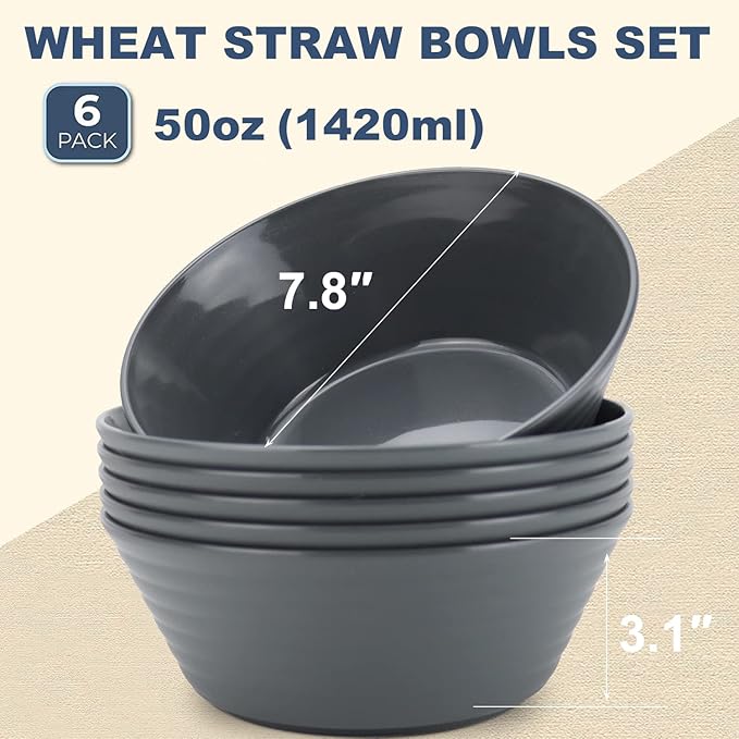 Wrova Wheat Straw Bowl Sets,6 PCS Unbreakable Cereal Bowl 50 OZ,Microwave and Dishwasher Safe Bowls,Super Big Bowl Sets BPA Free Big Bowl for Serving Cereal,Oatmeal and Salad (Deep Gray)