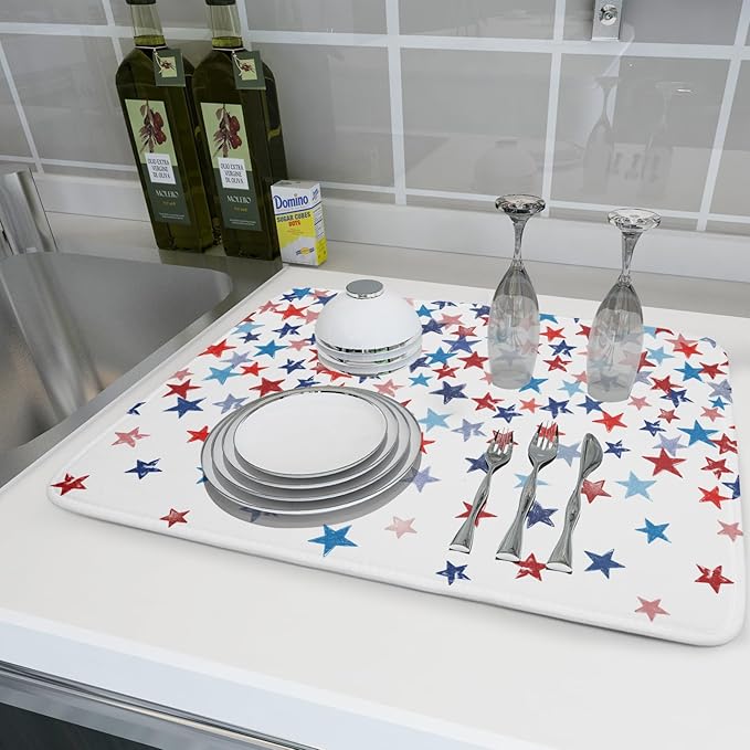 4th of July Dish Drying Mat for Kitchen Counter Patriotic Holiday Microfiber Absorbent Dish Draining Reusable Washable Foldable Extra Large 18"x24"