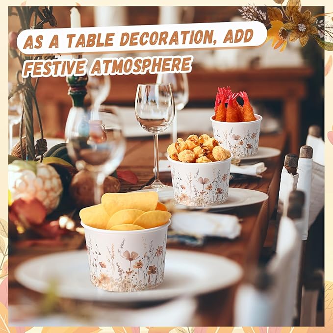 50 Pack Fall Wild Flowers Treat Snack Cups Fall Floral Paper Ice Cream Cups 9 oz Watercolor Disposable Dessert Bowls for Hot or Cold Food Autumn Wedding Baby Shower Birthday Party Supplies