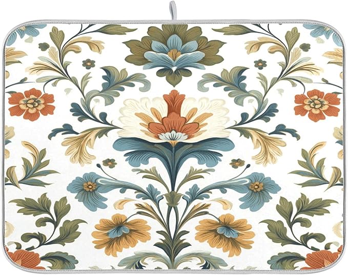 Vintage Colorful Flowers Dish Drying Mat for Kitchen Counter Super Absorbent Dishes Pad Reversible Microfiber Protector Dish Draining Mats 16x18 inch
