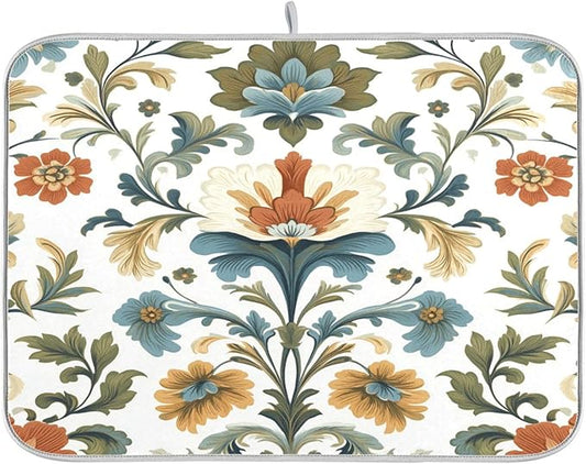 Vintage Colorful Flowers Dish Drying Mat for Kitchen Counter Super Absorbent Dishes Pad Reversible Microfiber Protector Dish Draining Mats 16x18 inch