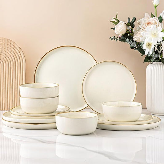 AmorArc Dinnerware Set, 12 Pieces Ceramic Plates and Bowls Sets, Stoneware Plates Set Handpainted, Dishwasher & Microwave Safe Dishes (Speckled Beige, Service for 4)
