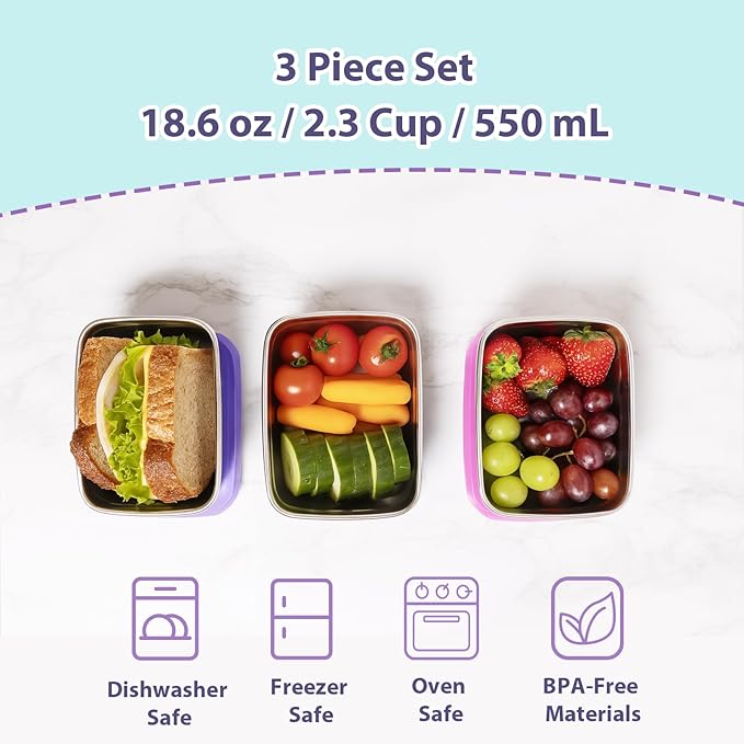 3-Pack Stainless Steel Snack Containers for Kids & Toddlers - 550ml (18oz) Leakproof Reusable Food Containers with LFGB Certified Lids | Stackable Metal Lunch Box for Daycare, School, Travel