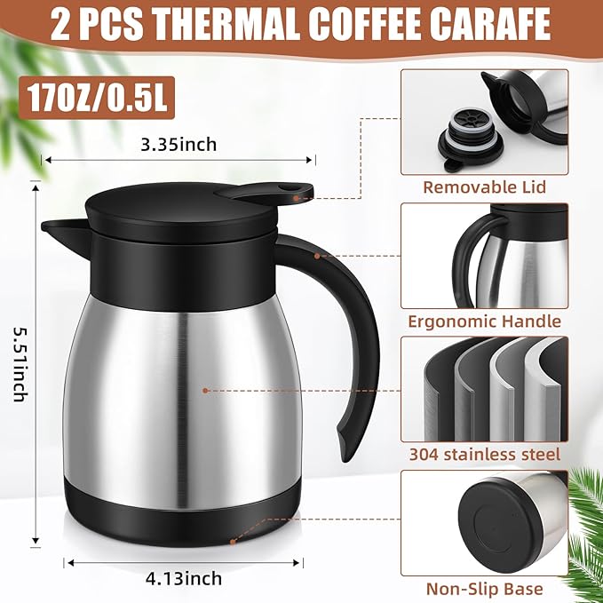 Uiifan 2 Pcs Thermal Coffee Carafe Insulated Stainless Steel Coffee Carafes for Keeping Hot and Cold Double Walled Vacuum Thermal Pot Flask with Brush for Water Milk Tea Home and Office(Silver,17oz)