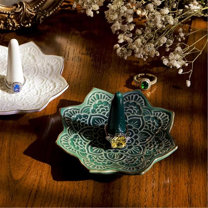 Ceramic Mandala Ring Holder, Decorative Jewelry Dish, Trinket Tray Room Decor, Engagement Wedding Birthday Gifts for Women (Green)