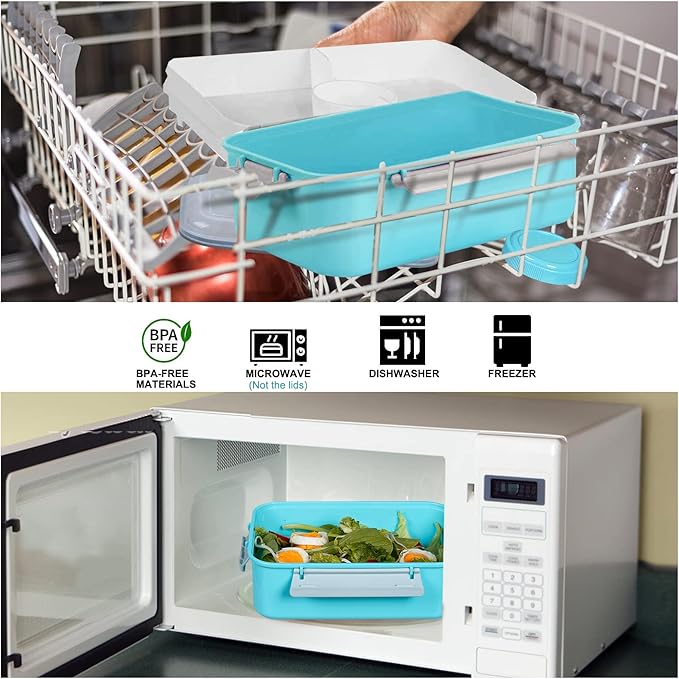 3 Pack Salad Lunch Box Food Storage Containers, 47oz Bento Box To Go Container with Lids, Meal Prep Containers with Removable Tray & Dressing Pots for Kids and Adults, Reusable and Microwave Safe