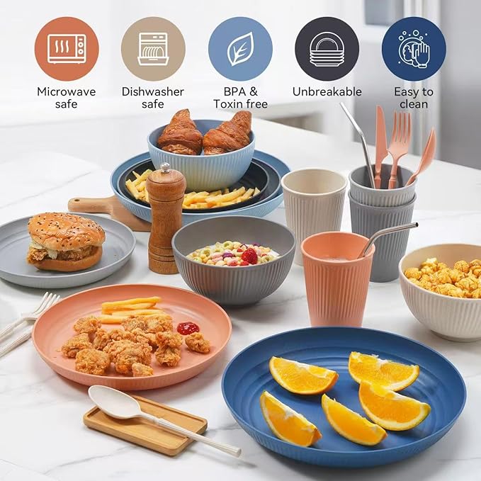 Wheat Straw Dinnerware Sets,48-Piece Plates and Bowls Sets for 6-Unbreakable,Reusable Plastic Dish Set-Dinner Plate/Dessert Plate/Cereal Bowl/Cup/Utensils-Microwave Dishwasher Safe 48P-Profound Gray