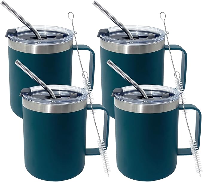 4pack 12oz Coffee Mug With Handle Bulk, Stainless Steel Insulated Travel Tumblers With,Double Wall Vacuum Camping Cup for Hot & Cold Drinks Tea (green)