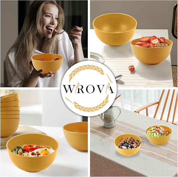 Wheat Straw Bowl Set of 8, Unbreakable Cereal Bowls 26 OZ,Freezer and Dishwasher Safe Bowl Sets,Breakfast Bowls suitable for cereal,salad,snack and soup (Yellow)