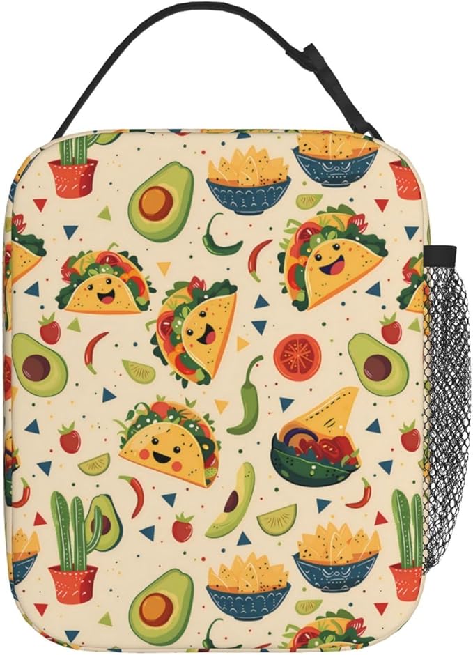 Reusable Taco and Avocado Lunch Box for Kids Girls Boys Women Adult, Insulated Mexican Food Lunch Bag,Polyester Cooler Handbags Case for School Picnic Work Travel Beach or Hiking