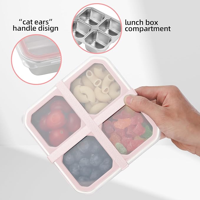 BEFOY 4 Pack Stainless Steel Snack Containers with Lids 4 Compartment Food Storage Containers for Adults Meal Prep Reusable for work or going out.(pink, 4)