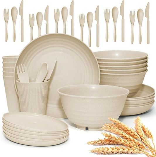 42 pcs Wheat Straw Dinnerware Sets - SHECIPIN Unbreakable Reusable Dinnerware Set Kitchen Cups Plates and Bowls Sets,Dishwasher Microwave Safe (Beige)