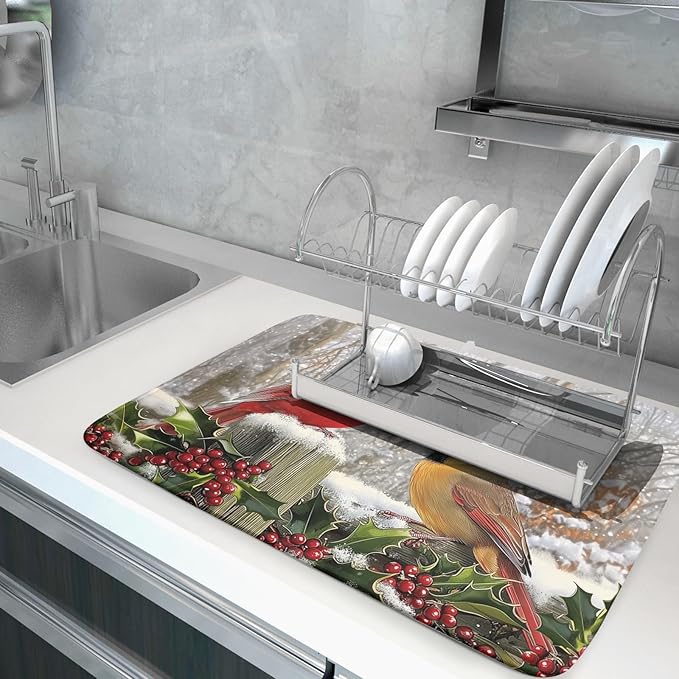 Winter Birds Dish Drying Mat Red Berry Dish Drainer Rack Mat Microfiber Absorbent Dish Drying Pad for Kitchen Counter Coffee Bar 18x24 Inch