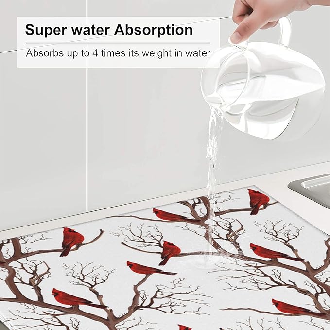 Winter Cardinal Birds Dish Drying Mat for Kitchen Counter Washable Absorbent Drying Mat Reversible Microfiber Drying Pad Home Holiday Decor Kitchen Accessories 16"x18"