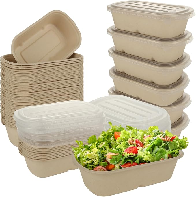 SENENQU 100 Pack 25 Oz Disposable Bowls With Lids, Compostable Sugarcane Fiber Paper Bowls, Take Away Food Containers Meal Prep Food Storage For Salad, Pasta, Nacho, Burrito