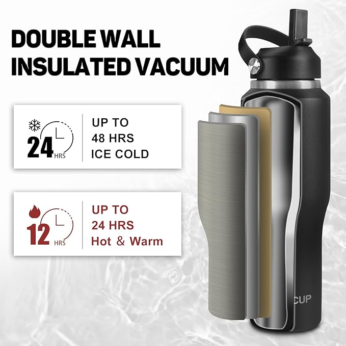 32oz Black Water Bottle Stainless Steel, Keep Cold 24H&Hot 12H, Water Bottle with Straw&Spout Lids, Insulated Water Bottle Double Wall Vacuum, Fit in Any Car Cup Holder, Leak-proof BPA Free
