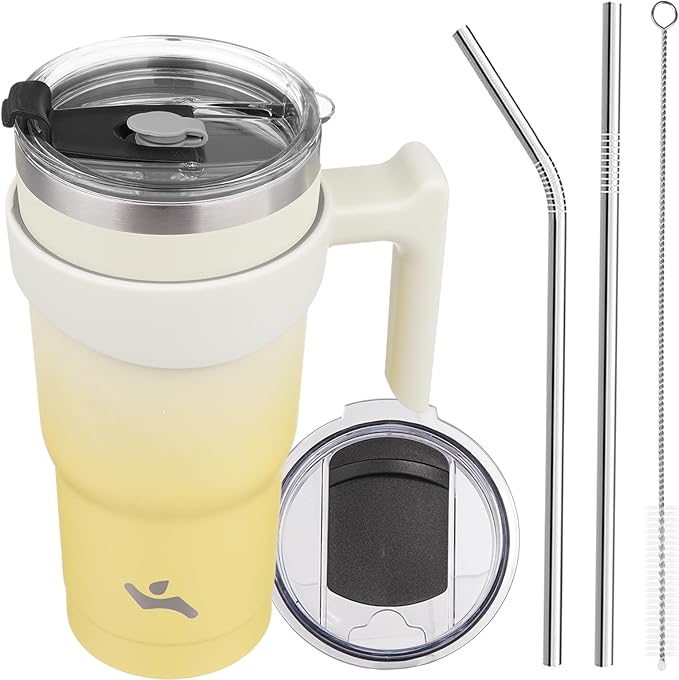 20 oz Tumbler with Handle and 2 Straw 2 Lid, Insulated Water Bottle Stainless Steel Vacuum Cup Reusable Travel Mug,Lemon