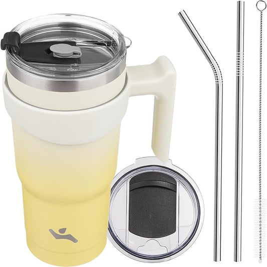 20 oz Tumbler with Handle and 2 Straw 2 Lid, Insulated Water Bottle Stainless Steel Vacuum Cup Reusable Travel Mug,Lemon