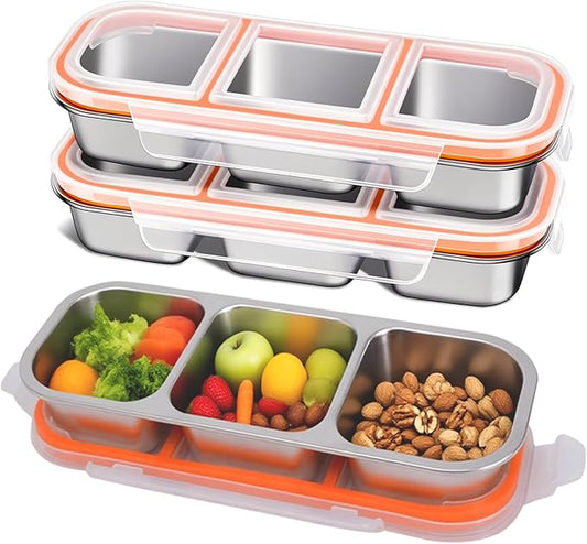 Stainless Steel Snack Containers with Lids, Reusable Condiment Storage Box, Divided Food Storage for School, Home, Travel, Multiple Compartment Leak-Proof Box (‎3 Compartment 3PCS)