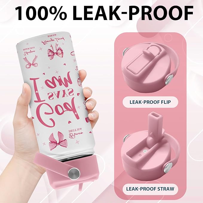 Christian Gifts, Pink Bow Water Bottle with Straw Lid, 16 oz Insulated Stainless Steel, Christian Cups Gifts for Birthday Christmas