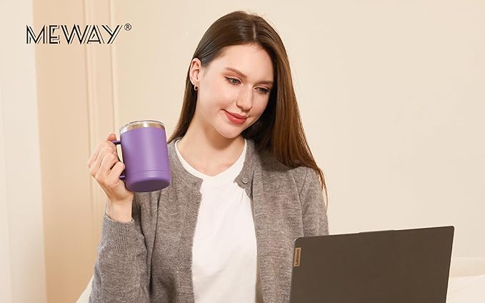 MEWAY 12oz Coffee Mug With Handle 8 Pack Bulk,Stainless Steel Insulated Travel Tumblers With Sliding Lid,Double Wall Vacuum Camping Cup for Hot & Cold Drinks Tea (Purple,Set of 8)