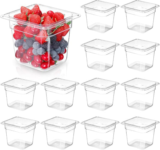 12 Pack 6'' Deep NSF Food Pans 1/6 Size | Commercial Food Storage Containers | Polycarbonate Plastic Pans for Restaurant | Commercial Grade for Food Prep | Clear