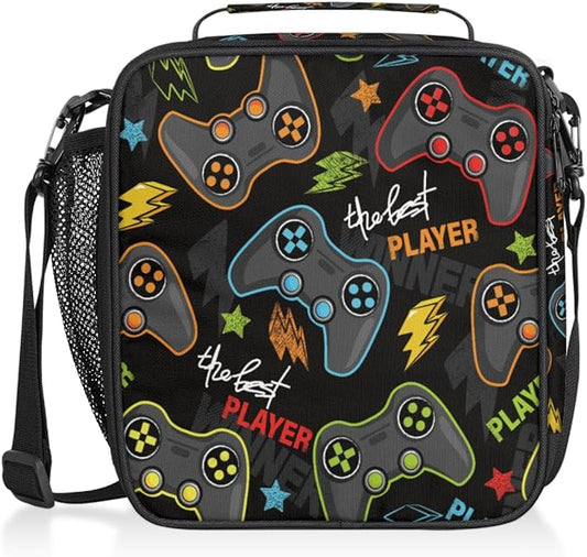 Abstract Joystick Game Lunch Bag Box for Kids Boys Girls Black Insulated Lunch Tote Bag with Adjustable Shoulder Strap Reusable Waterproof Thermal Cooler Bag for School Work Picnic Women Men