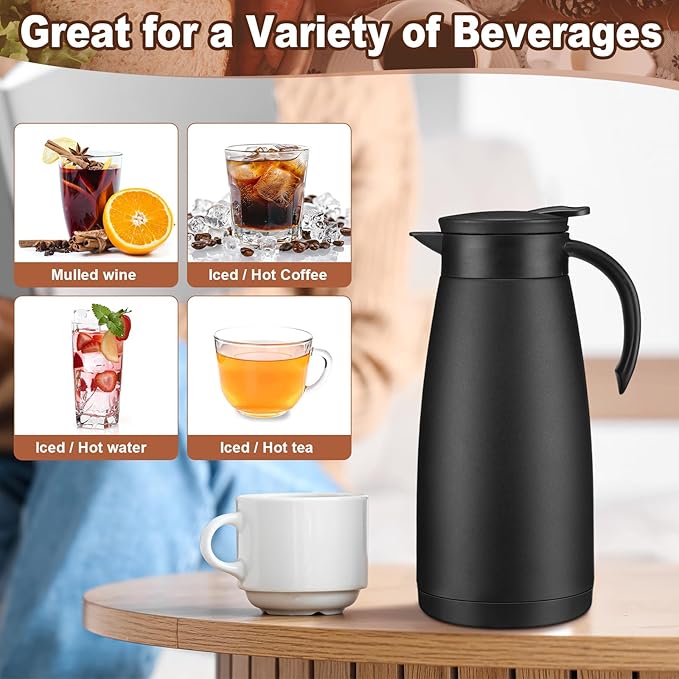 Uiifan 2 Pcs Thermal Coffee Carafe Insulated Stainless Steel Coffee Carafes for Keeping Hot and Cold Double Walled Vacuum Thermal Pot Flask with Brush for Water Milk Tea Home and Office(Black,51oz)