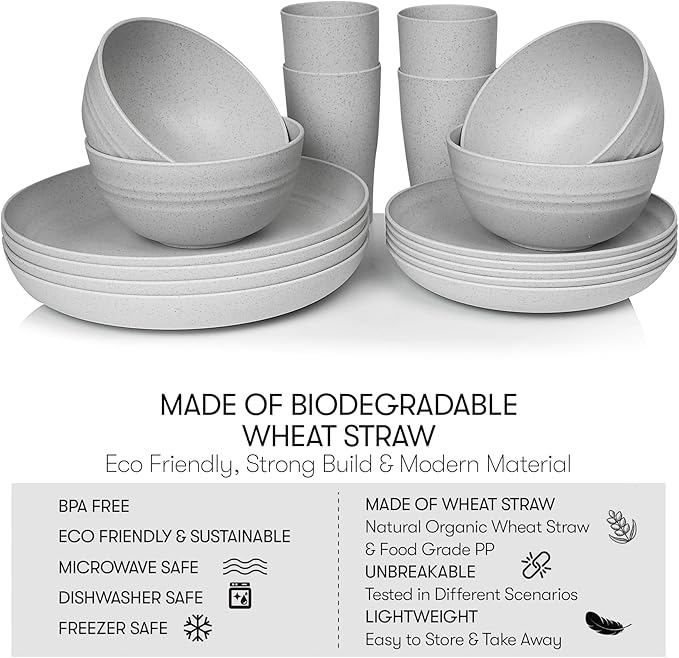 Wheat Straw Dinnerware Sets | Unbreakable Dinnerware Sets | Dishwasher Microwave Safe Dinnerware | Eco Friendly Non Breakable Dinnerware Sets | RV Outdoor Camping (Grey, Service for 4 (16 pcs))