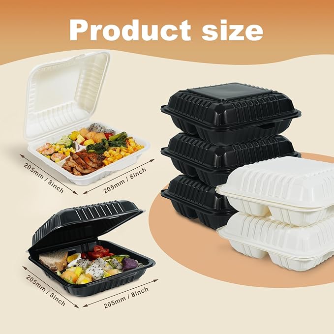 50-Pack 8x8 Inch Clamshell Take Out Food Containers|Lunch Containers with Compartments |Microwavable, Freezer Safe, Soak-Resistant, Durable, Stackable for Pasta Salad Sandwich(White)