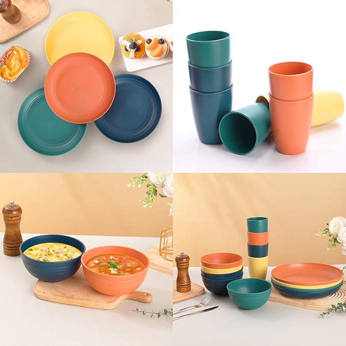 Wheat Straw Dinnerware Sets, Unbreakable Plates and Bowls Sets for 8, Reusable Plastic Plates and Bowls, 32Pcs Dishwasher Microwave Safe Plastic Dishes, Kitchen RV Camping Outdoor